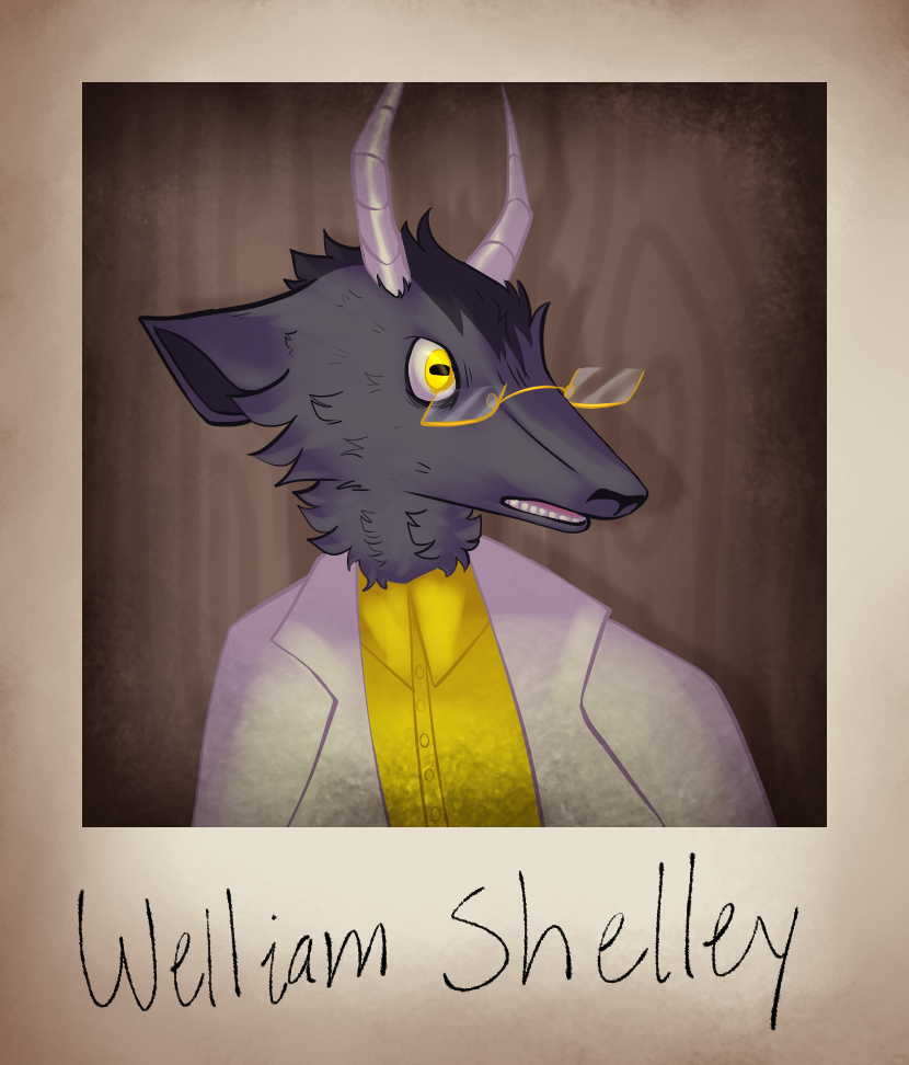 A digital drawing of an anthro goat with wired rimmed glasses wearing a button up and a labcoat. The drawing is labeled Welliam Shelley